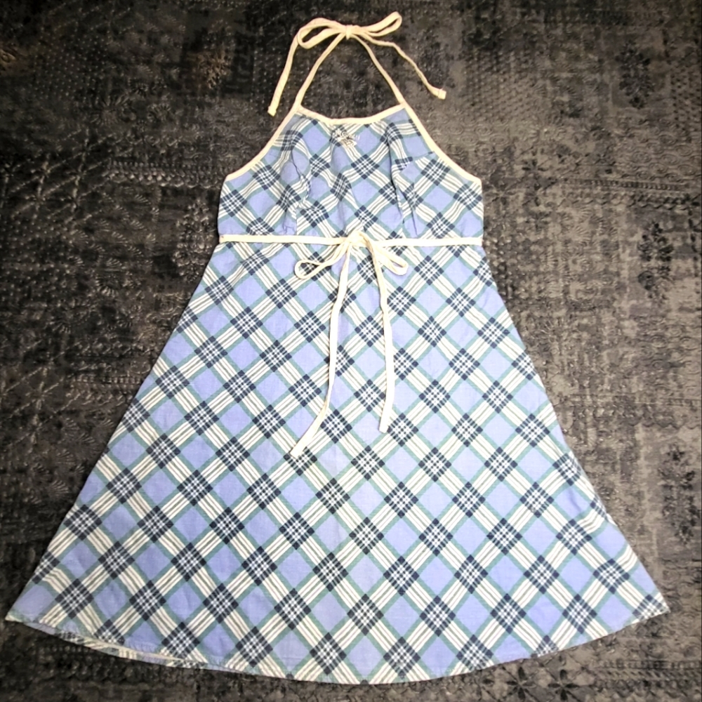 Vintage 90s Y2K Roxy Blue Plaid Halter Mini Dress Size M